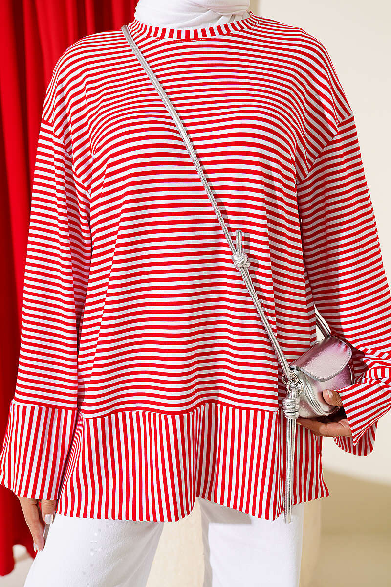 Striped Detail French Terry Tunic with Crew Neck Red - Imagen 4
