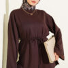 Ribbed Crew Neck Long-Sleeve French Terry Tie-Front Tunic Dark Brown