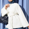 Ribbed Crew Neck Long-Sleeve French Terry Tie-Front Tunic Ecru