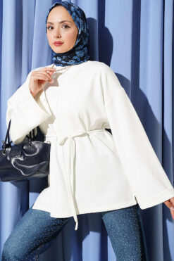 Ribbed Crew Neck Long-Sleeve French Terry Tie-Front Tunic Ecru