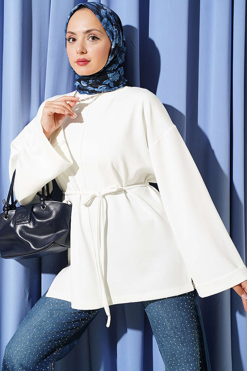 Ribbed Crew Neck Long-Sleeve French Terry Tie-Front Tunic Ecru