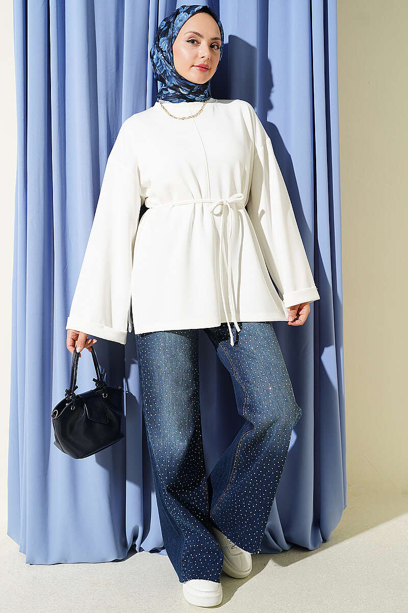 Ribbed Crew Neck Long-Sleeve French Terry Tie-Front Tunic Ecru - Imagen 2