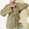 Ribbed Crew Neck Long-Sleeve French Terry Tie-Front Tunic Khaki