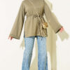 Ribbed Crew Neck Long-Sleeve French Terry Tie-Front Tunic Khaki – Image 2