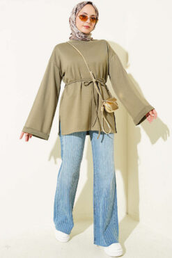 Alternative view of Ribbed Crew Neck Long-Sleeve French Terry Tie-Front Tunic Khaki
