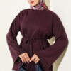 Ribbed Crew Neck Long-Sleeve French Terry Tie-Front Tunic Plum