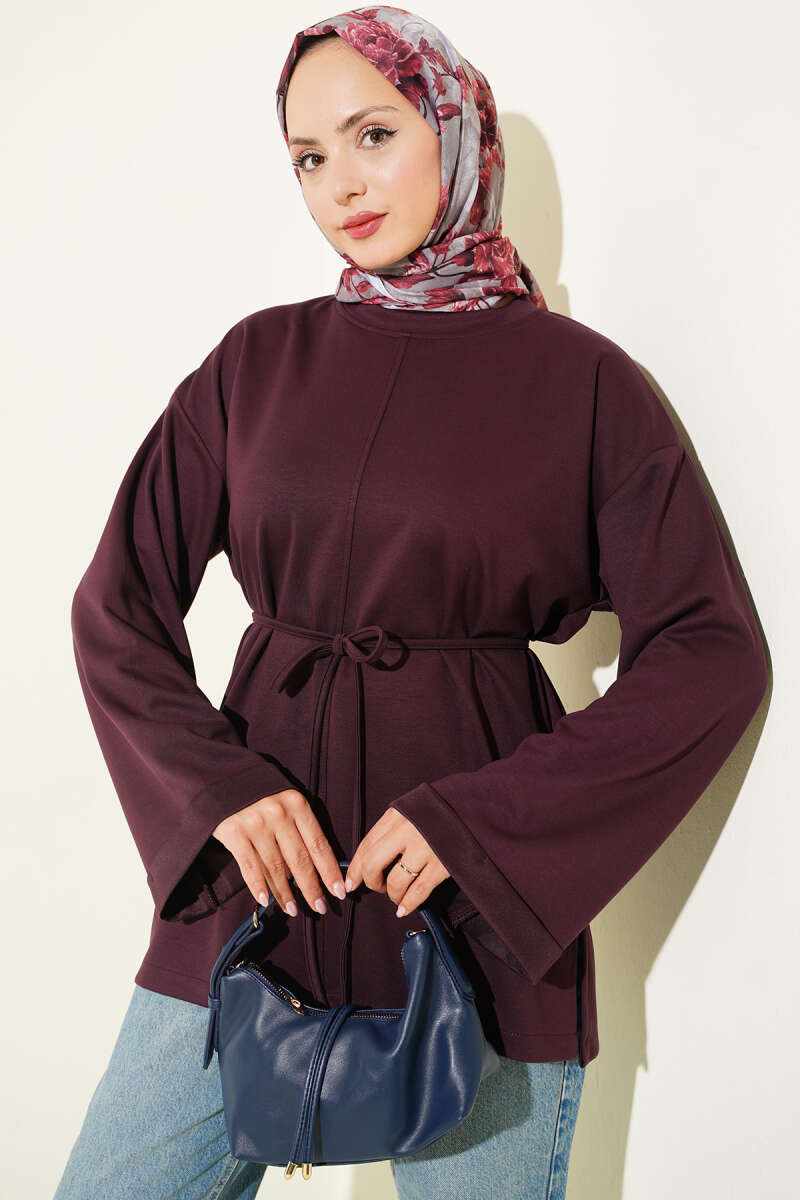 Ribbed Crew Neck Long-Sleeve French Terry Tie-Front Tunic Plum