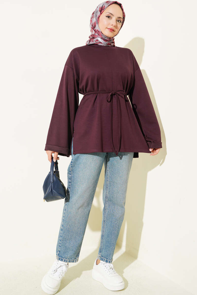 Ribbed Crew Neck Long-Sleeve French Terry Tie-Front Tunic Plum - Imagen 2