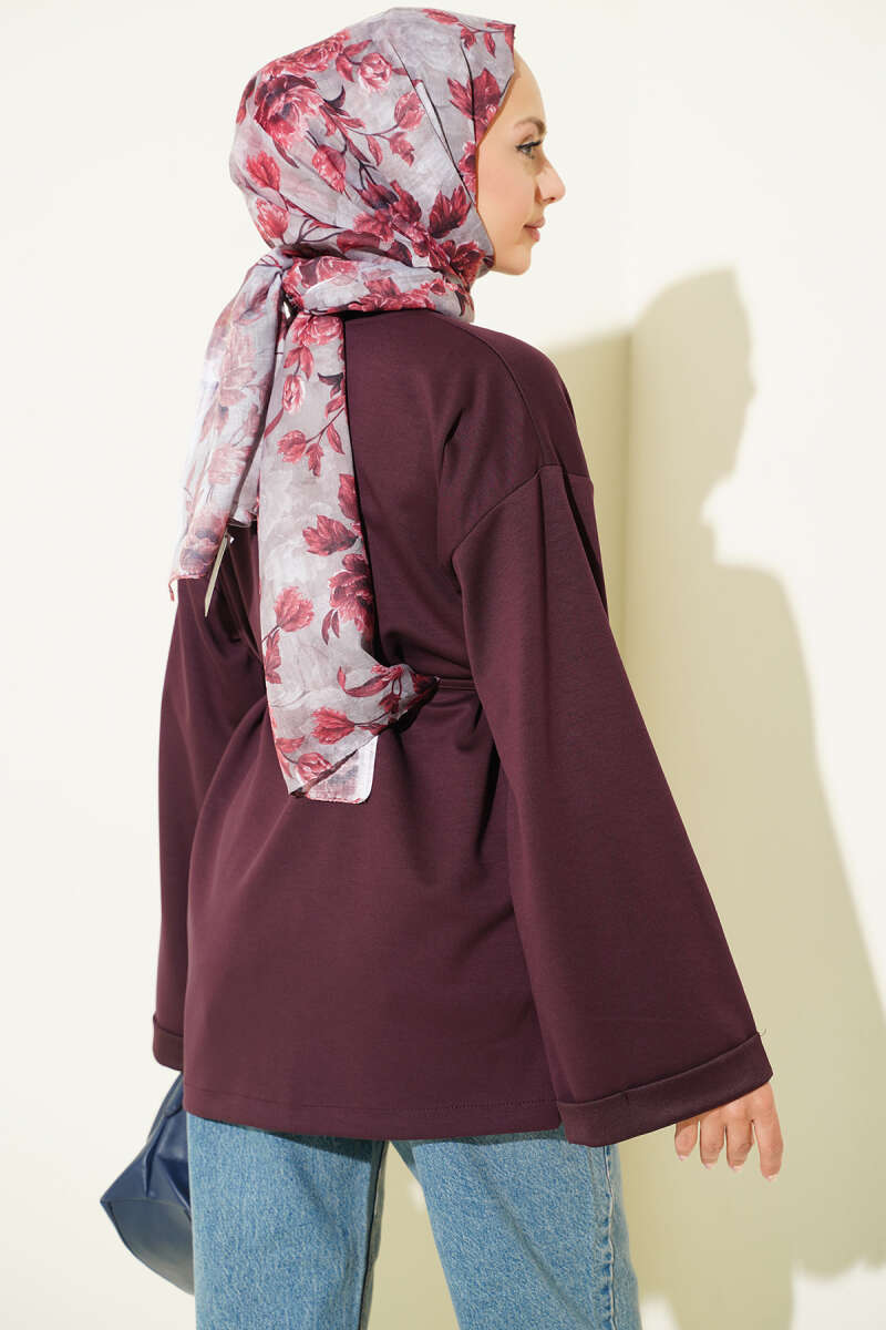 Ribbed Crew Neck Long-Sleeve French Terry Tie-Front Tunic Plum - Imagen 3