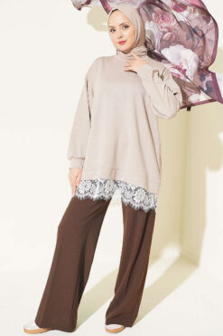 Alternative view of Ribbed Crew Neck Hem-Edge Lace-Trimmed Tunic Beige