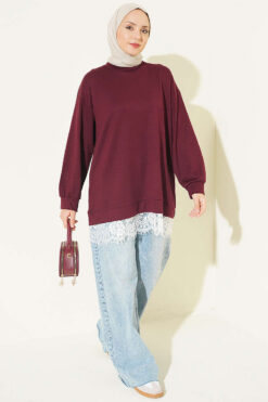 Alternative view of Ribbed Crew Neck Hem-Edge Lace-Trimmed Tunic Burgundy