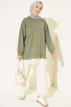 Alternative view of Ribbed Crew Neck Hem-Edge Lace-Trimmed Tunic Khaki