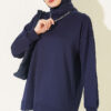 Ribbed Crew Neck Hem-Edge Lace-Trimmed Tunic Navy Blue