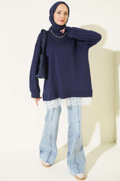 Alternative view of Ribbed Crew Neck Hem-Edge Lace-Trimmed Tunic Navy Blue