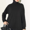 Ribbed Crew Neck Hem-Edge Lace-Trimmed Tunic Black