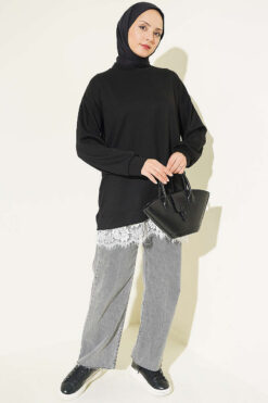 Alternative view of Ribbed Crew Neck Hem-Edge Lace-Trimmed Tunic Black