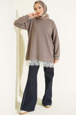 Alternative view of Ribbed Crew Neck Hem-Edge Lace-Trimmed Tunic Mink