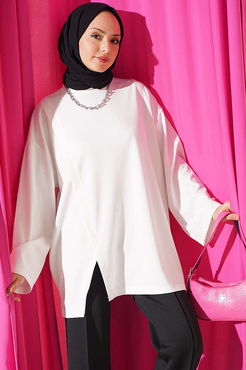 Crew Neck French Terry Tied Drawstring Tunic Ecru