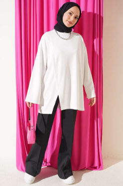 Alternative view of Crew Neck French Terry Tied Drawstring Tunic Ecru