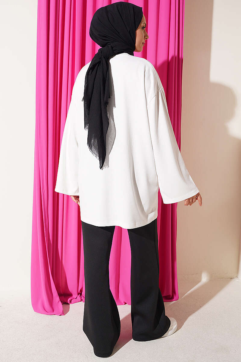Crew Neck French Terry Tied Drawstring Tunic Ecru - immagine 3