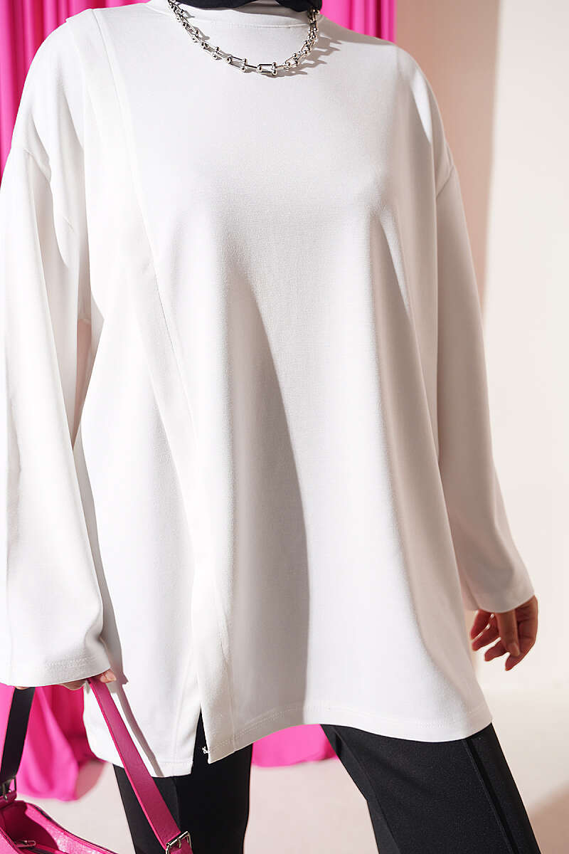 Crew Neck French Terry Tied Drawstring Tunic Ecru - immagine 4