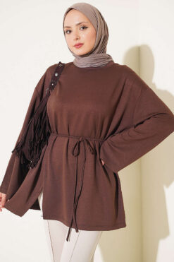 Crew Neck French Terry Tied Drawstring Tunic Brown