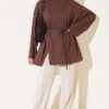 Crew Neck French Terry Tied Drawstring Tunic Brown - immagine 2