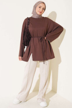 Alternative view of Crew Neck French Terry Tied Drawstring Tunic Brown