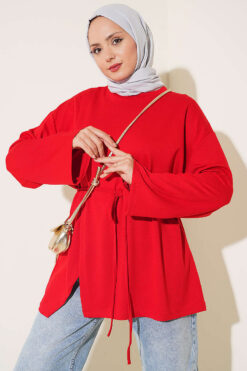 Crew Neck French Terry Tied Drawstring Tunic Red