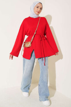 Alternative view of Crew Neck French Terry Tied Drawstring Tunic Red