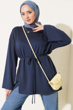 Crew Neck French Terry Tied Drawstring Tunic Navy Blue