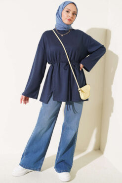 Alternative view of Crew Neck French Terry Tied Drawstring Tunic Navy Blue