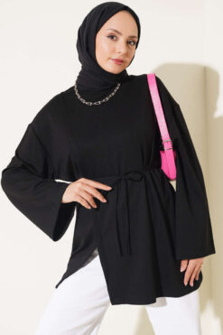 Crew Neck French Terry Tied Drawstring Tunic Black