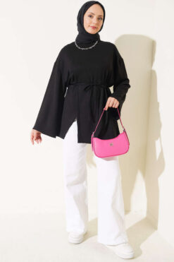 Alternative view of Crew Neck French Terry Tied Drawstring Tunic Black