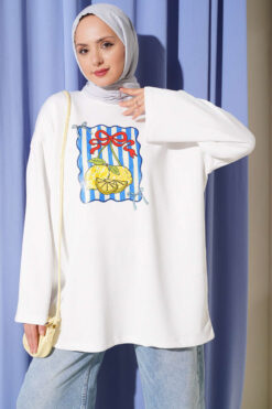 Bicycle Neck Lemon Print Tunic Ecru