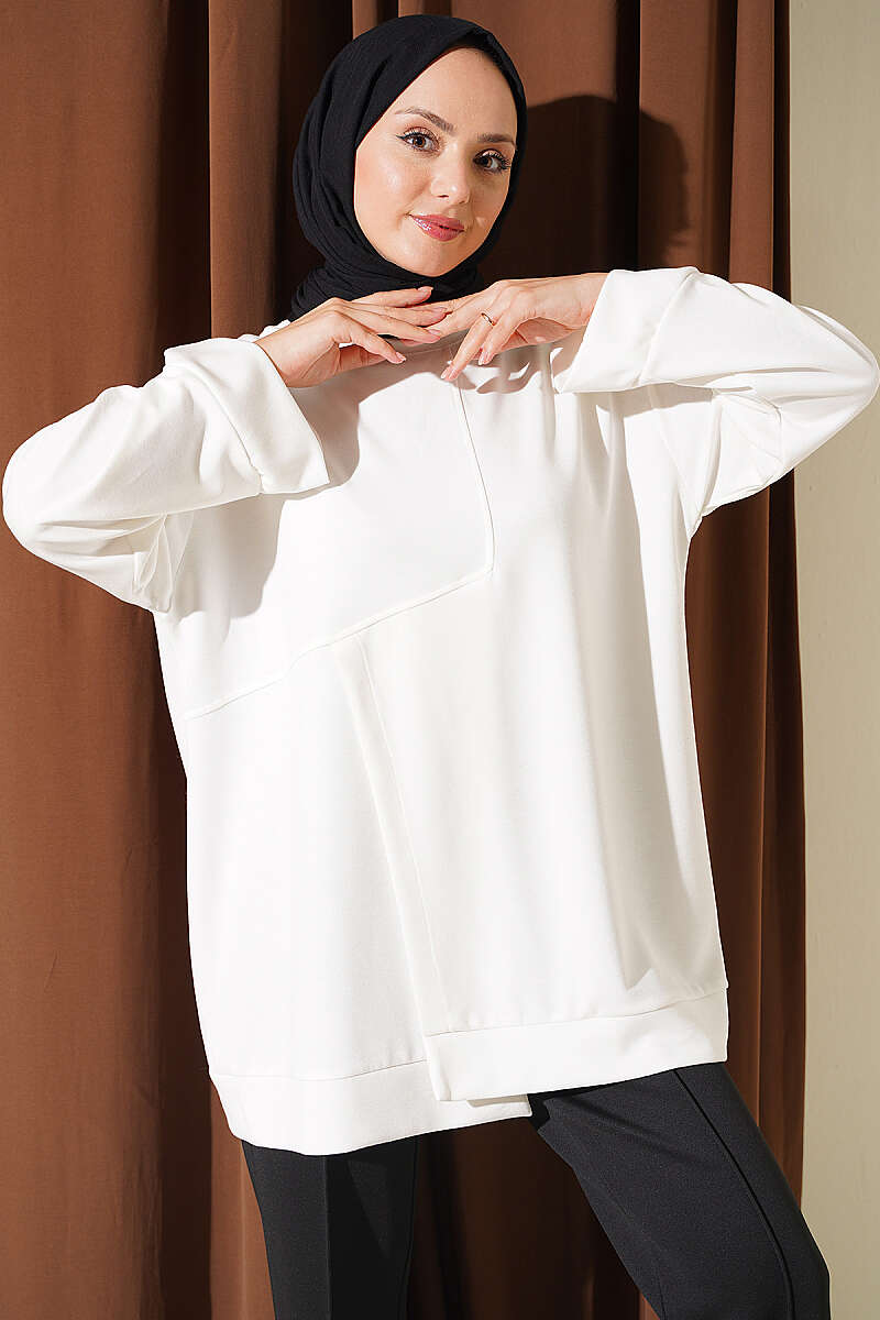 Raglan Sleeve Crew Neck Tunic with Side Slit White
