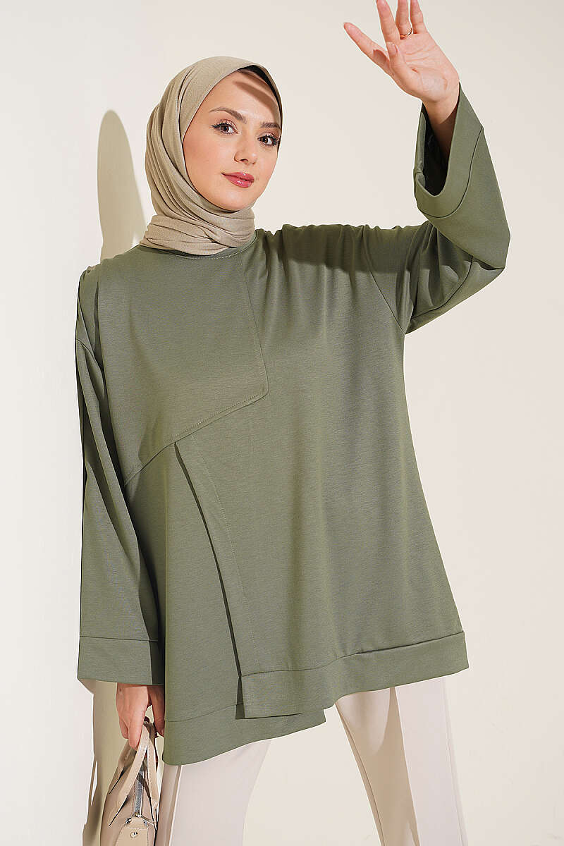 Raglan Sleeve Crew Neck Tunic with Side Slit Khaki