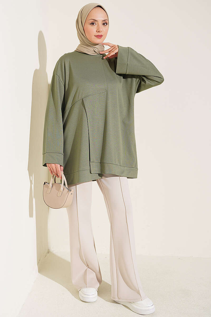 Raglan Sleeve Crew Neck Tunic with Side Slit Khaki - immagine 2