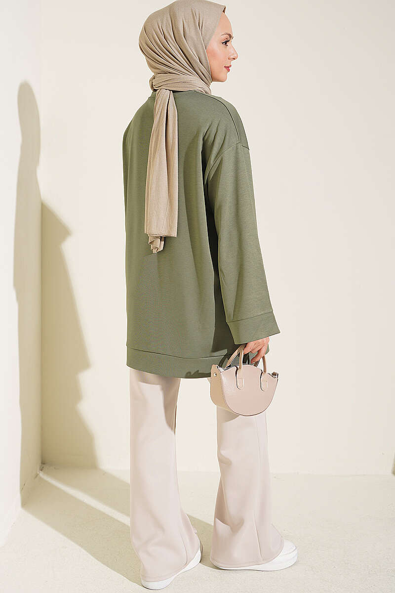Raglan Sleeve Crew Neck Tunic with Side Slit Khaki - immagine 3