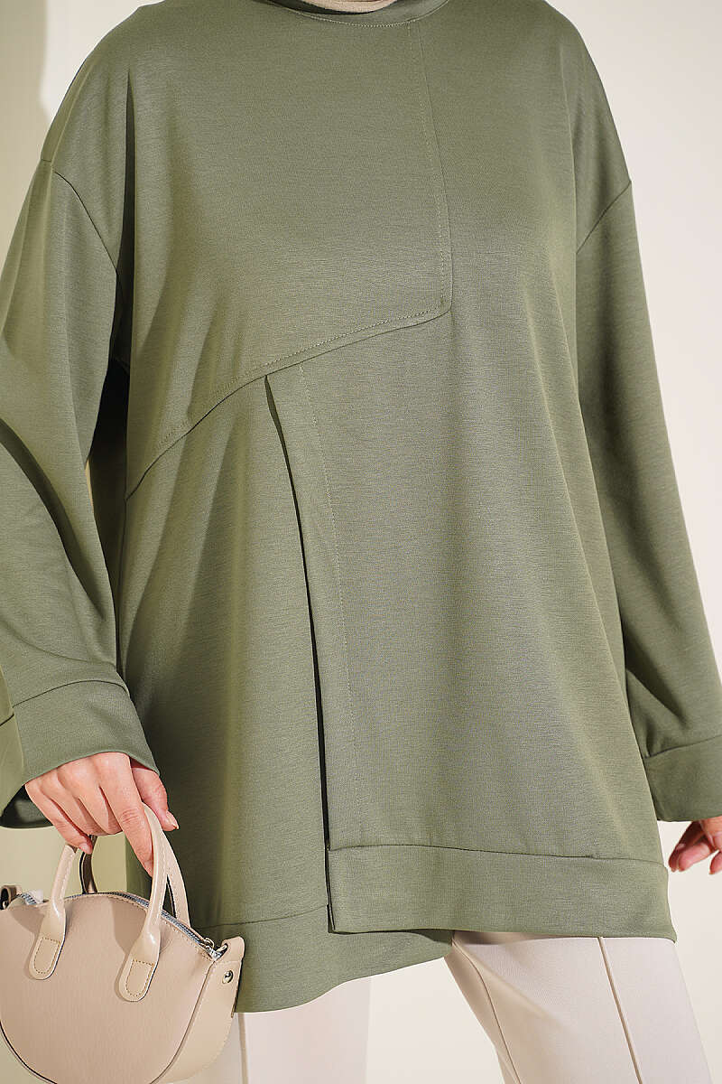 Raglan Sleeve Crew Neck Tunic with Side Slit Khaki - immagine 4