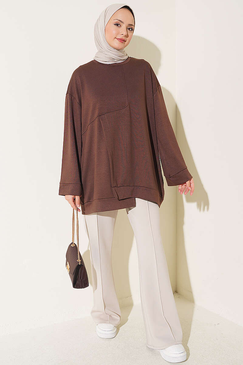 Raglan Sleeve Crew Neck Tunic with Side Slit Brown - immagine 2