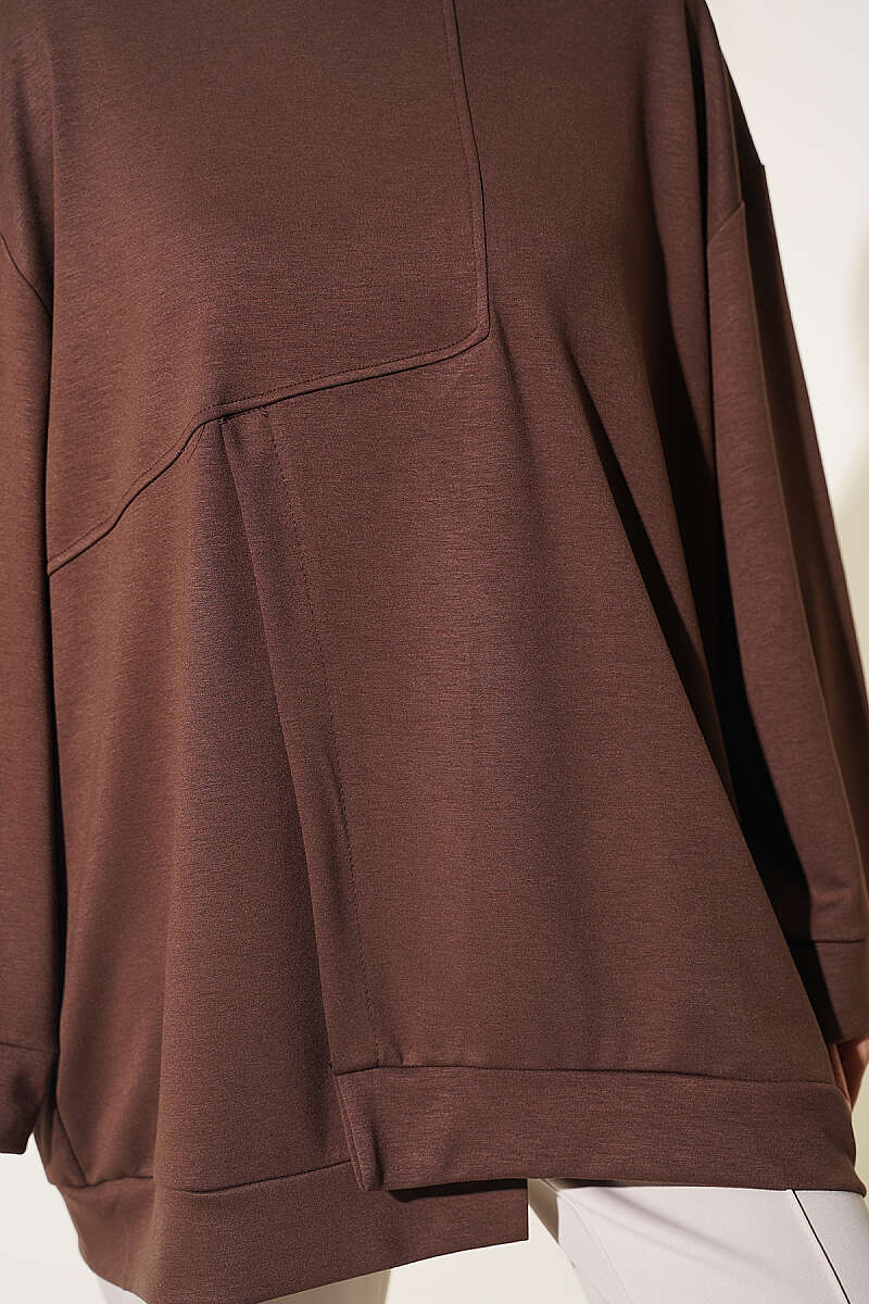 Raglan Sleeve Crew Neck Tunic with Side Slit Brown - immagine 4