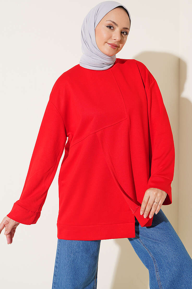 Raglan Sleeve Crew Neck Tunic with Side Slit Red