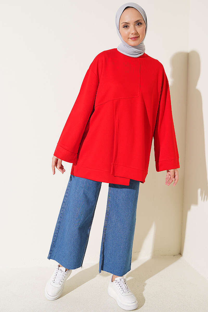 Raglan Sleeve Crew Neck Tunic with Side Slit Red - immagine 2