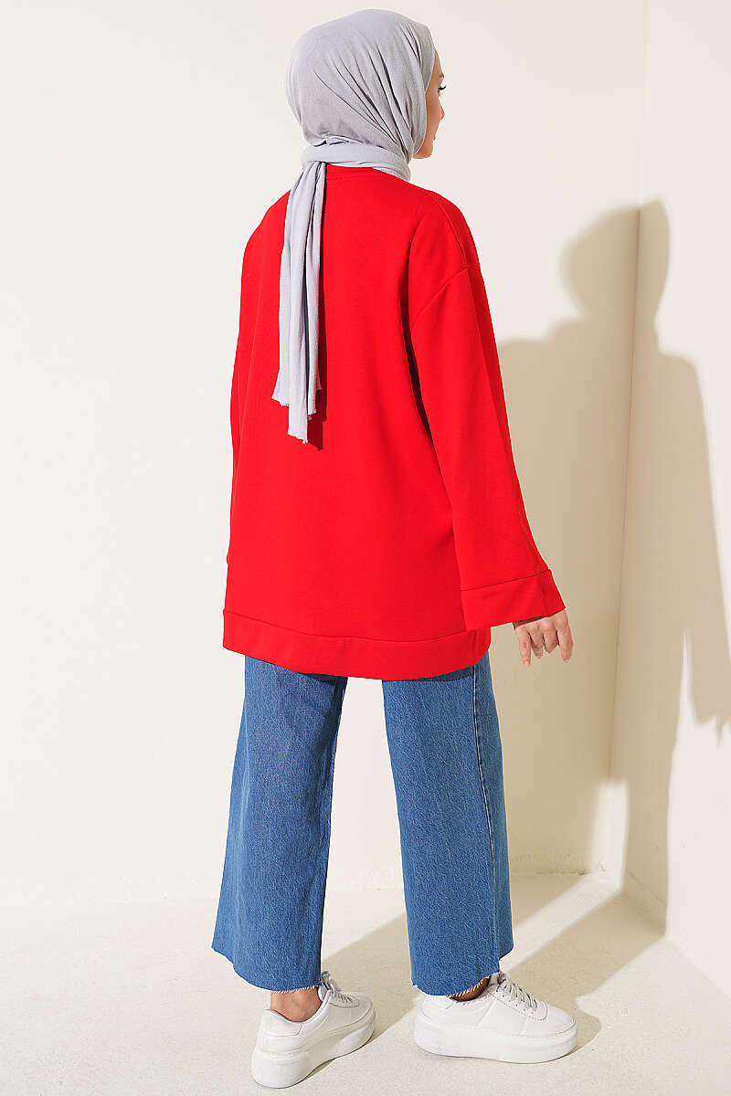 Raglan Sleeve Crew Neck Tunic with Side Slit Red - immagine 3