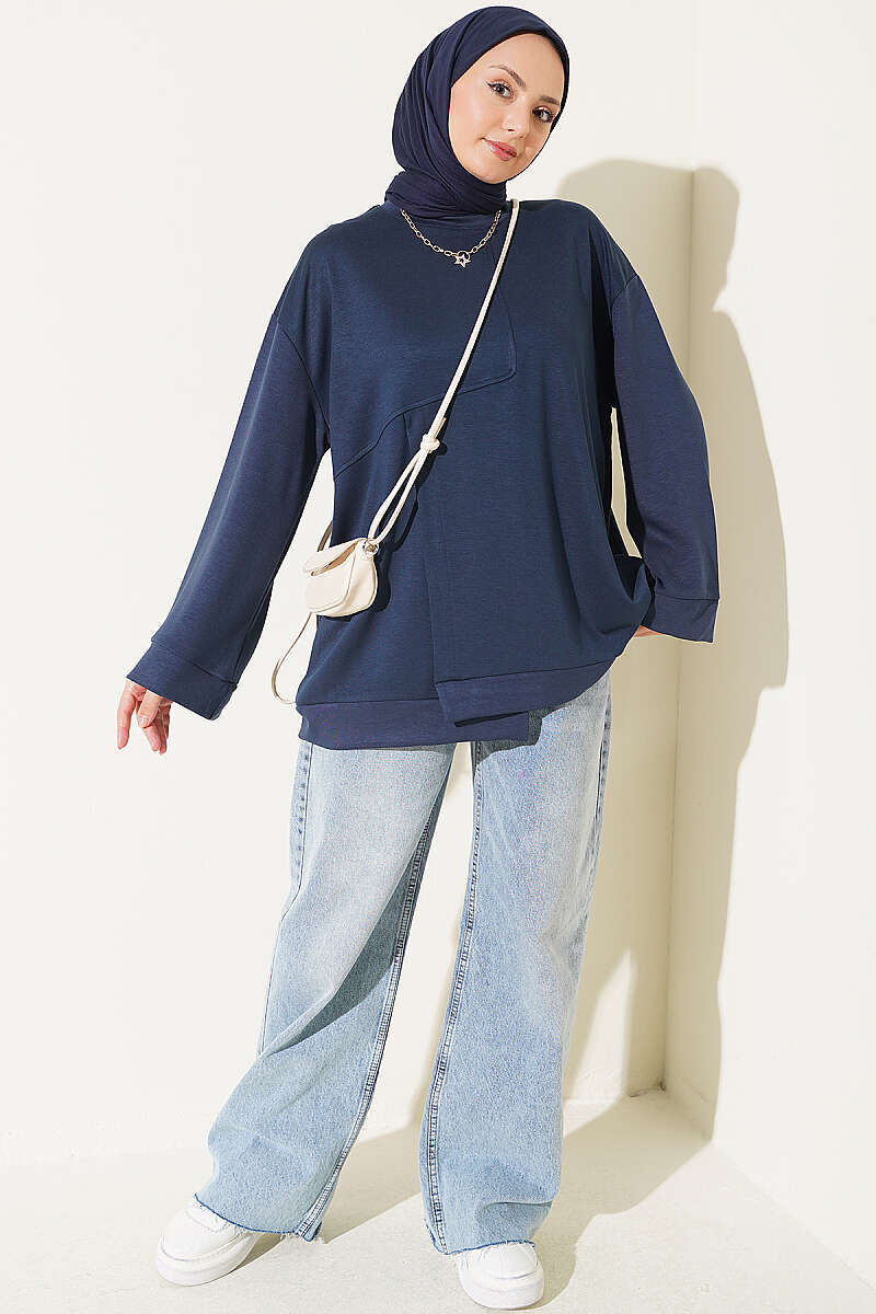Raglan Sleeve Crew Neck Tunic with Side Slit Navy Blue - immagine 2