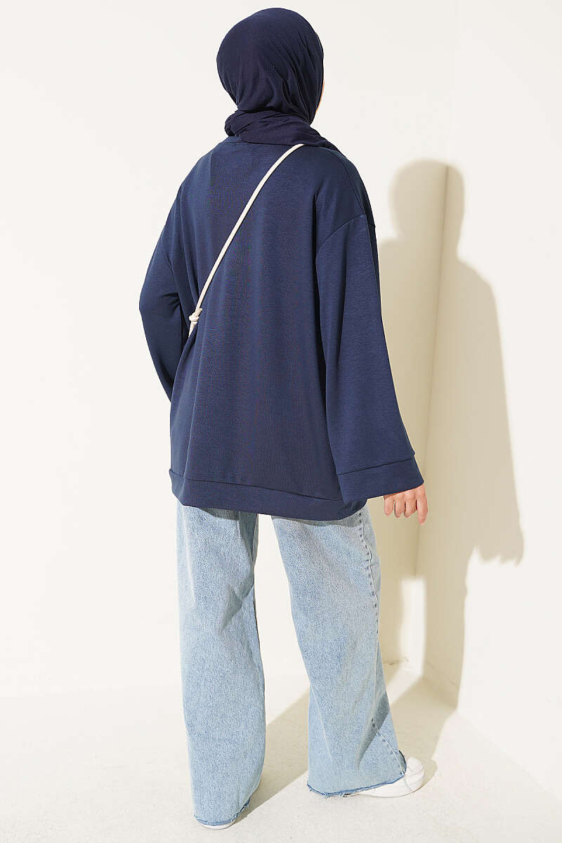 Raglan Sleeve Crew Neck Tunic with Side Slit Navy Blue - immagine 3
