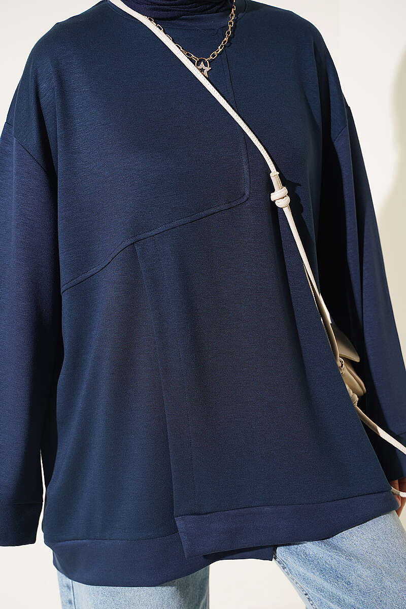 Raglan Sleeve Crew Neck Tunic with Side Slit Navy Blue - immagine 4