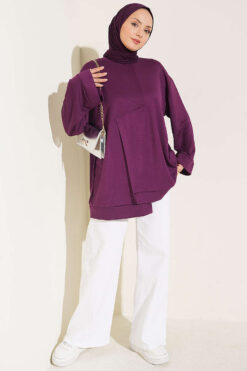Alternative view of Raglan Sleeve Crew Neck Tunic with Side Slit Plum