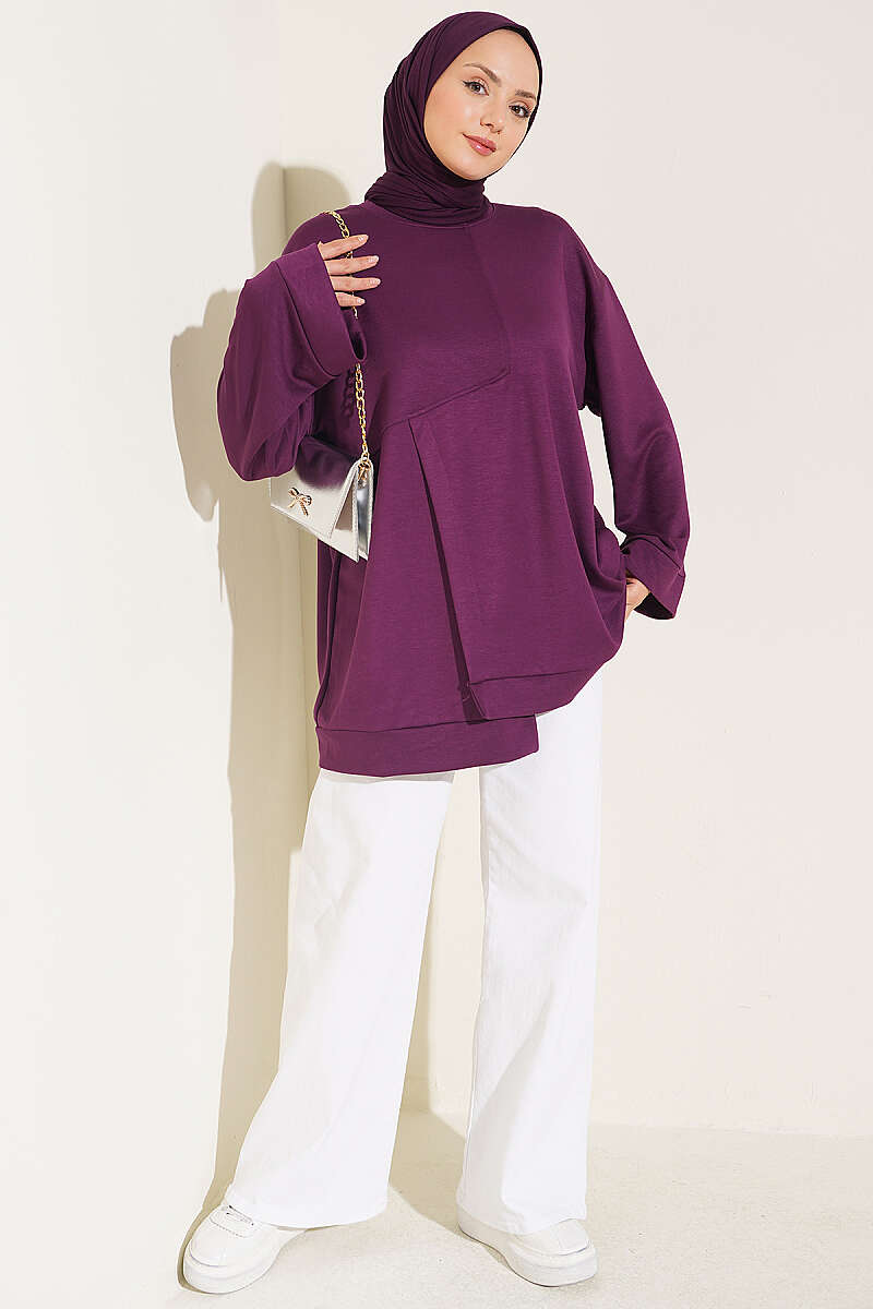 Raglan Sleeve Crew Neck Tunic with Side Slit Plum - immagine 2